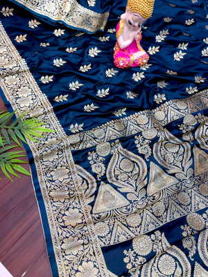 Shampas World Woven Saree with Attached Blouse Satin Saree(Dark Blue)