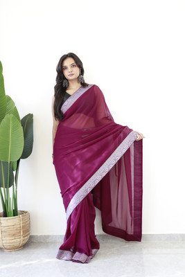 VISVASTA Solid/Plain Bollywood Chiffon, Silk Blend Saree(Purple)