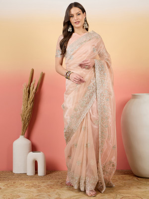 Sangria Embroidered Saree with Attached Blouse Net Saree(Pink)