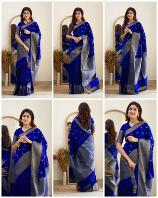 VK Enterprise Woven Banarasi Silk Blend Saree(Dark Blue)