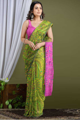 Abharani Saree Kuthir Printed Handloom Cotton Silk Saree(Green)