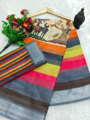 HangerStories Printed Kanjivaram Cotton Linen, Linen Saree(Multicolor)