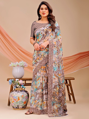 VIBHAGYAA Printed Daily Wear Chiffon Saree(Beige)