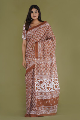 ABHIT CREATION Blocked Printed Daily Wear Pure Cotton Saree(Maroon)