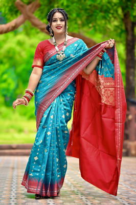 Sijileen Temple Border, Woven, Striped Sambalpuri Silk Blend Saree(Light Green)