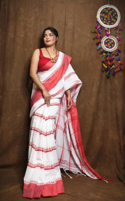 binita Self Design Handloom Cotton Blend Saree(Red)