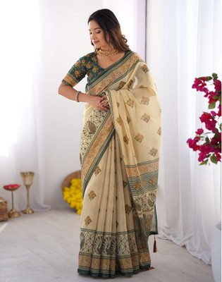 Tasrika Floral Print, Geometric Print, Embellished Handloom Linen Saree(Green, Beige)