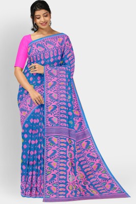 Panchanan Floral Print, Self Design, Woven Jamdani Cotton Blend, Cotton Silk Saree(Light Blue)