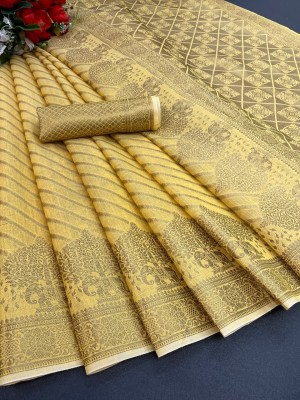 THESIYA FAB Woven Bollywood Jacquard, Cotton Linen Saree(Yellow)