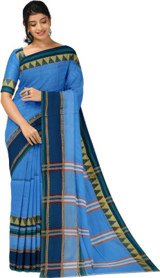 Dasshareeghar Printed, Solid/Plain Handloom Cotton Silk Saree(Light Blue)