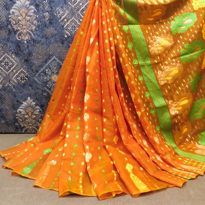 VIRDHI TEXTILE Printed, Self Design, Embellished, Woven, Animal Print, Blocked Printed Jamdani Cotton Blend, Jacquard Saree(Orange)