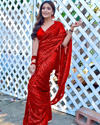 KalyaniTextile Embroidered, Embellished Bollywood Georgette Saree(Red)
