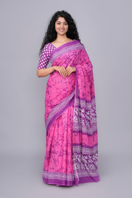 JAI HANUMAN HAND PRINTING Printed Daily Wear Pure Cotton Saree(Pink)