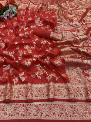 KanjiQueen Woven, Self Design Banarasi Silk Blend, Pure Silk Saree(Red)