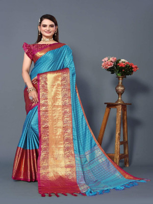 SATVASHIV Woven Banarasi Cotton Silk Saree(Light Blue, Pink)