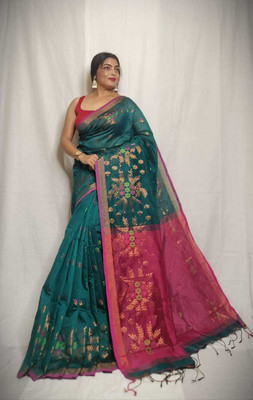 binita Self Design Handloom Cotton Blend Saree(Green)