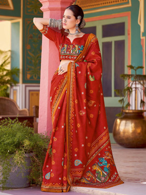 Sareemall Printed Kalamkari Silk Blend Saree(Red)