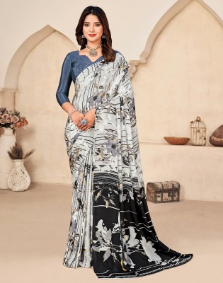 Divastri Printed Bollywood Silk Blend, Crepe Saree(Grey, Black)
