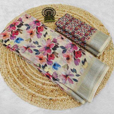 Sniccs Trend Floral Print, Printed Bollywood Linen Saree(Beige)
