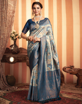 Tasrika Woven, Embellished Banarasi Silk Blend, Jacquard Saree(Blue, Gold)
