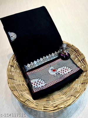 ns collection Solid/Plain Paithani Cotton Silk Saree(Black)