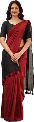 DHRITIS Solid/Plain Handloom Cotton Blend Saree(Red, Black)