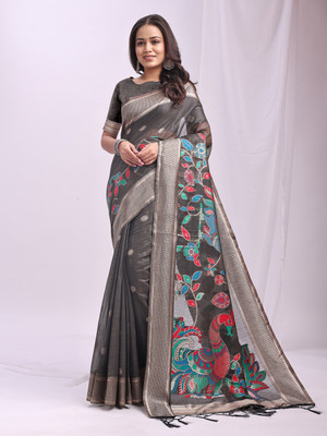 Divastri Printed Banarasi Cotton Linen Saree(Grey)
