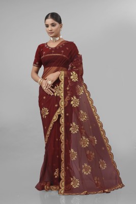 Mikhushop Embroidered Bollywood Georgette Saree(Brown)