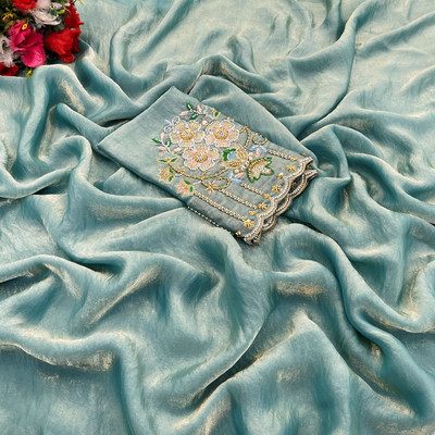 Ethina Fashion Embroidered Bollywood Silk Blend Saree(Blue)