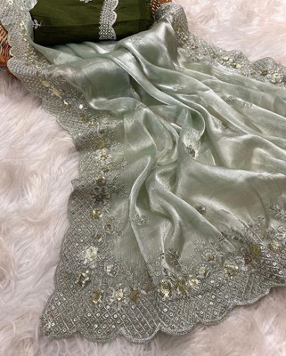ERVAAFAB Embellished, Embroidered, Floral Print Bollywood Jimmy choo Saree(Light Green)