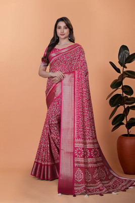 RASIFASHION Printed, Woven Chanderi Art Silk Saree(Pink)