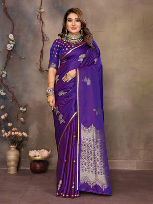 Pandadi Saree Woven Banarasi Satin, Silk Blend Saree(Purple)
