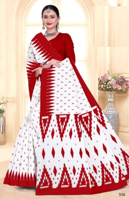 mahakali Printed Patola Pure Cotton Saree(White, Red)