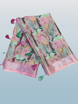 HouseOfCommon Floral Print Bollywood Linen Saree(Multicolor)
