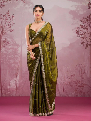 odette Embroidered Saree with Attached Blouse Chiffon Saree(Green)