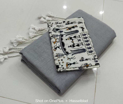 TARAMAACREATION Printed Tant Handloom Pure Cotton Saree(Grey, White)
