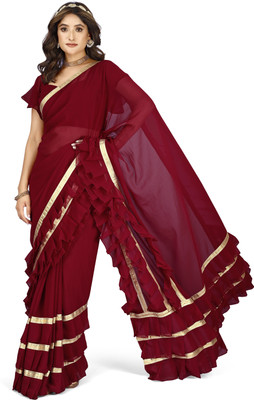 SAREEFLAME Self Design, Striped, Solid/Plain, Embellished Bollywood Georgette Saree(Maroon)