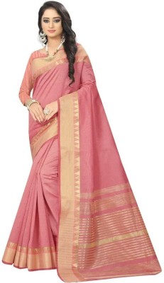 kunal enterprise Self Design, Temple Border, Woven, Solid/Plain Assam Silk Cotton Silk, Silk Blend Saree(Pink)