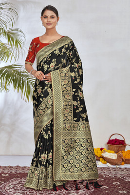 Monjolika Fashion Printed Banarasi Silk Blend Saree(Black)