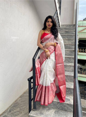 Muskan Collection Solid/Plain, Blocked Printed Banarasi Art Silk Saree(White, Red)