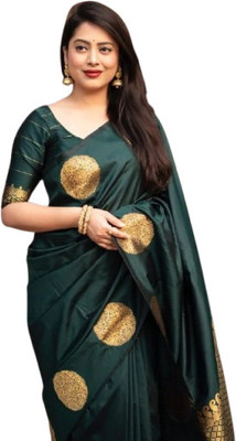 HouseOfCommon Woven, Self Design Banarasi Silk Blend Saree(Dark Green)