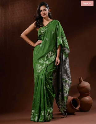 Shree Hari Self Design Handloom Cotton Blend Saree(Green)