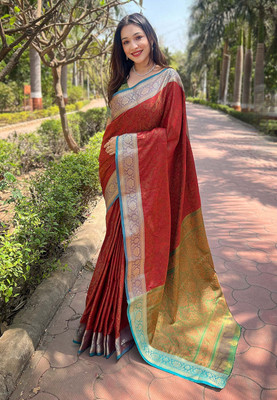 all about you Woven Bollywood Silk Blend Saree(Red)