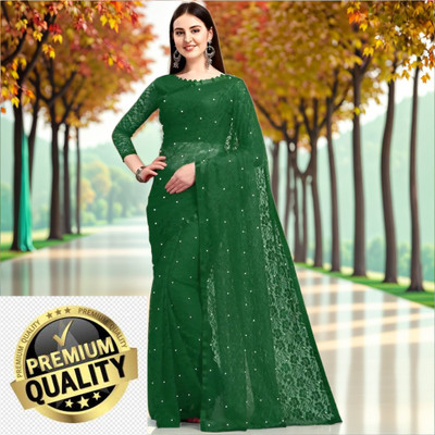 Vraggi Embellished Bollywood Net Saree(Green)
