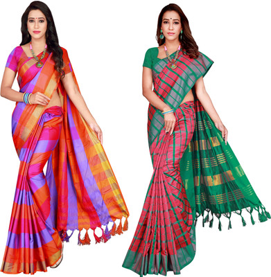 PRIYANSH CREATION Checkered Bollywood Cotton Silk Saree(Pack of 2, Multicolor)