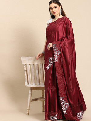 ANOUK Embroidered Saree with Attached Blouse Satin Saree(Maroon)