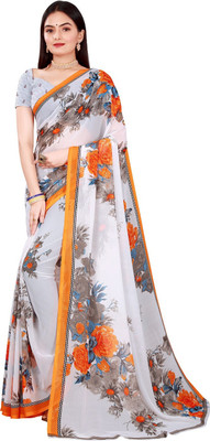 HouseOfCommon Floral Print Daily Wear Georgette Saree(White, Orange)