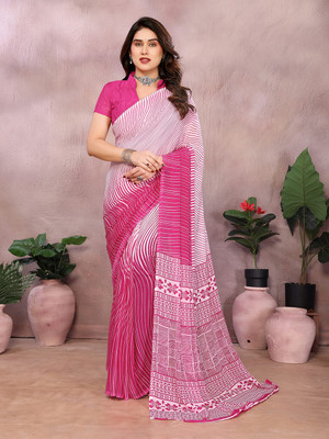 Moda Rapido Printed Regular Sari Georgette Saree(Pink, White)