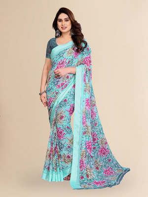 Moda Rapido Embellished, Floral Print Bollywood Georgette, Satin Saree(Blue)