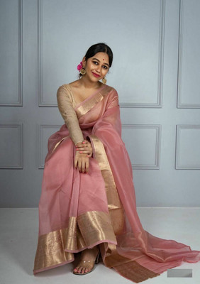 SGF11 Solid/Plain Kanjivaram Organza, Pure Silk Saree(Pink)
